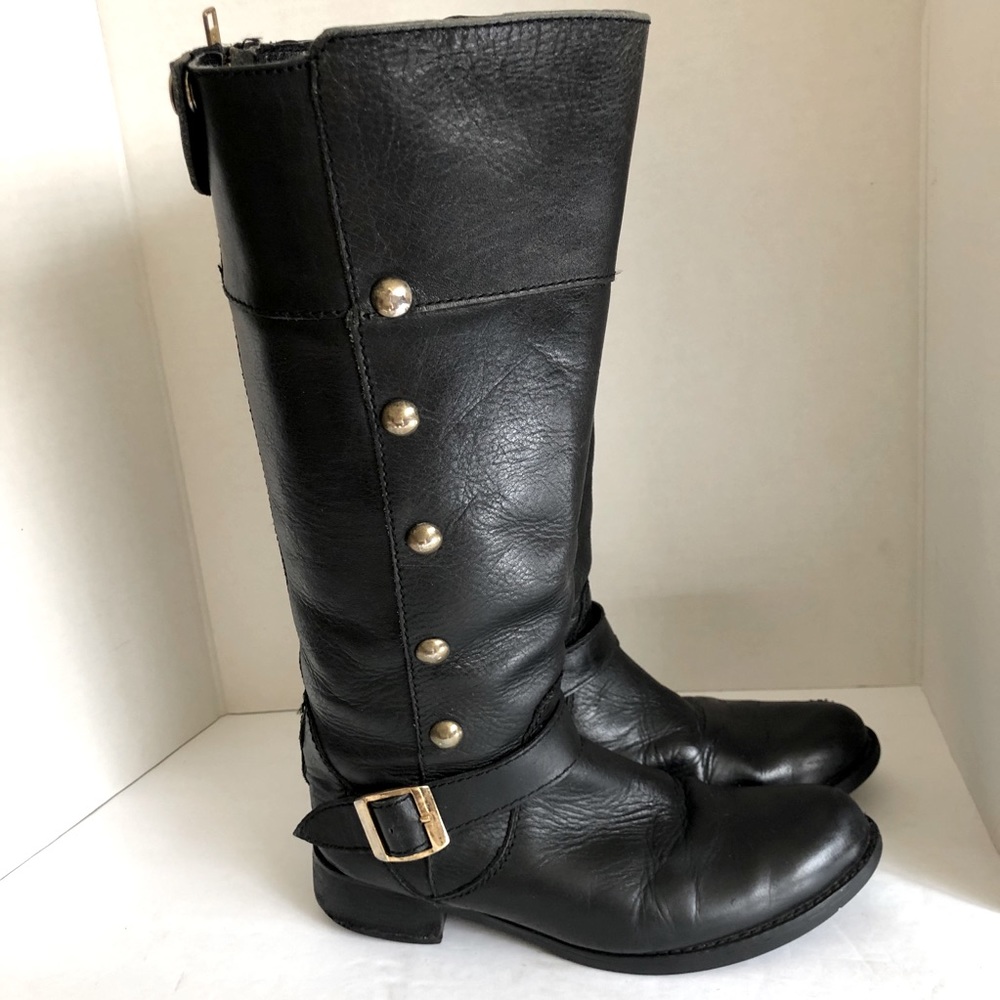 Riding Leather Gold Tone Studs Zip Back Boots Black Size 7.5